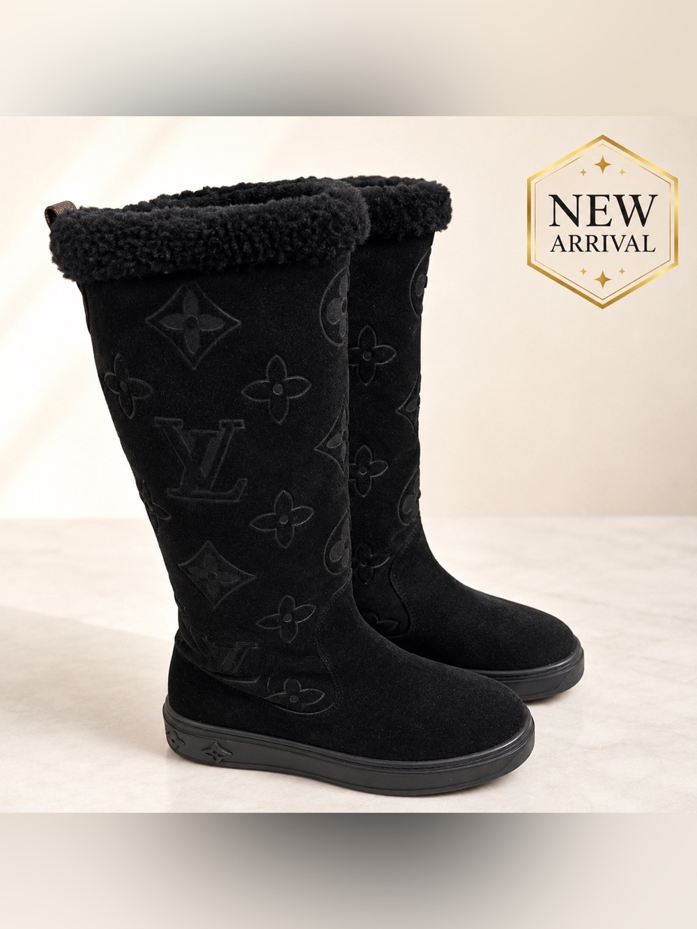 👢Black Monogram Suede Shearling Tall Winter Boots 👢